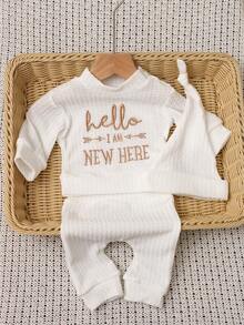 SHEIN HELLO 字母刺绣新生儿摄影服装 - 男婴/女婴上衣、裤子、帽子 3 件套，1 个月至 100 天大工作室摄影道具 - 白色 - 查看 3