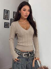 Coolane 女款休閒百搭純色針織衫，秋季 - 杏色 - 查看 4