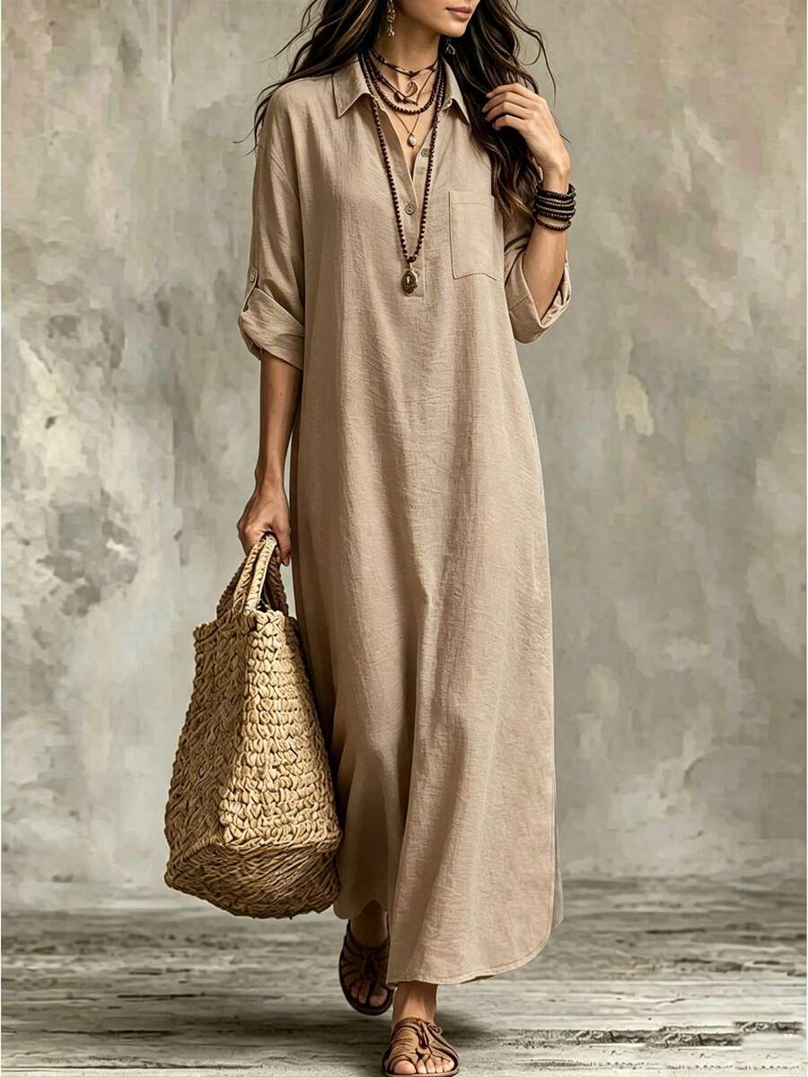 Linhara CURVE Plus Size Women's Woven Casual Autumn Dress Fall - Apricot - View 1