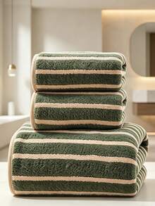 Cirelle 1pc/3pcs Ultra Soft Microfiber Bath Towel, Super Absorbent Quick Dry Striped Bath Towels, Thick Plush Polyester Face Hand Towels For Bathroom, Gym, Hotel, Home Decor - Dark Green - View 14