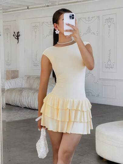 Andrea Bello Sleeveless Yellow Layered Cake Hem Cute Mini Dress