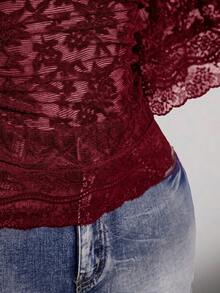 SHEIN ICON Plus Size Y2K Sexy V-Neck Lace Patchwork Flare Sleeve Top - Burgundy - View 7