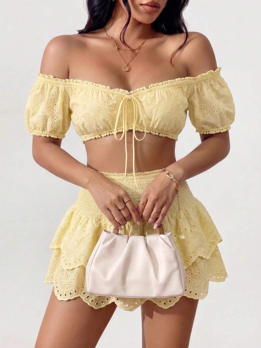 SHEIN SXY 女款夏季性感海灘度假風素色雪紡露肩前打結短版上衣 - 黃色 - 查看 1