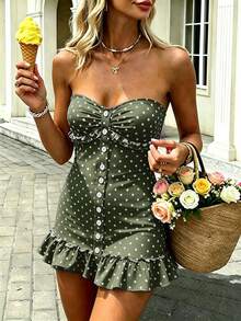 Cévolie Women's Fitted Mini Dress With Polka Dot Print, Front Button Decor, And Ruffle Hem - Green - View 2