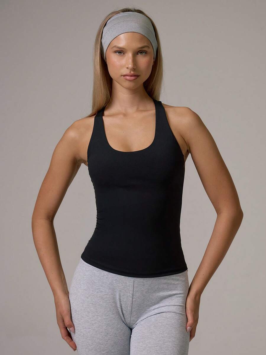 Musera Sport Scoop Neck Padded Bust Fitted Racer Back Tank Top Workout Gym Cute Pilates Fitness Daily Fall Winter - Black - View 1