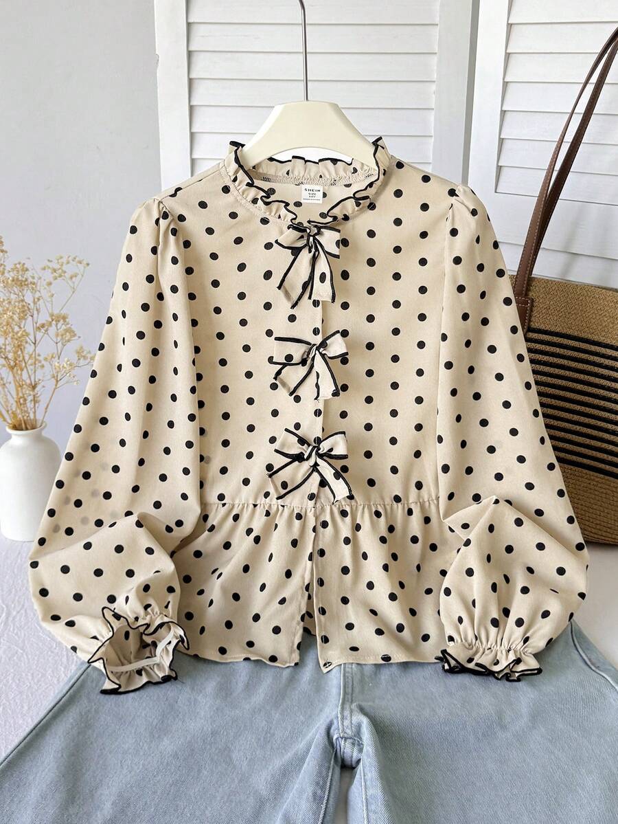 SHEIN 青少年女孩休閒梭織圓領長袖波點上衣,適合返校、旅行、運動 - 杏色 - 查看 1