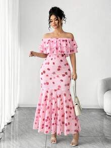 Rometta Plus Size Off-Shoulder Ruffle Elegant Commuter Lace Bodycon Maxi Dress - Pink - View 11