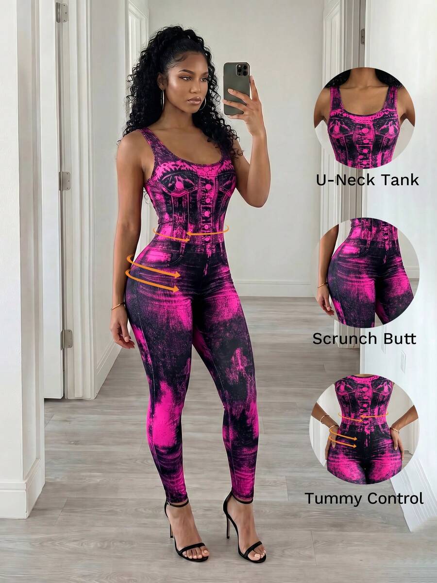 BamGleam Women's Denim Effect Casual Sleeveless Jumpsuit - Multicolor - View 1