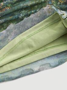 SHEIN MOD Top de malla con hombros descubiertos, cintura fruncida y estampado floral vintage - Verde - Ver 4