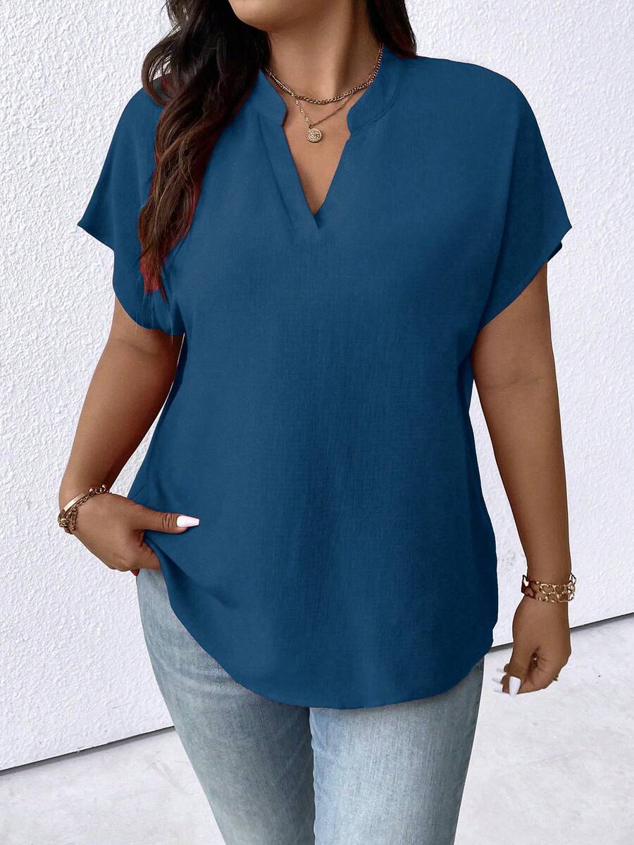 EMERY ROSE Plus Size Plain Color Notch Neck Batwing Sleeve Simple Summer Blouse For New Year - Teal Blue - View 1