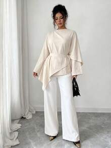 Elenzga Apricot Textured Washed Linen Asymmetrical Wrap Long Top With Belt, Lazy Minimalist Elegant Shirt, Suitable For Home, Office And Street Wear - Apricot - View 6