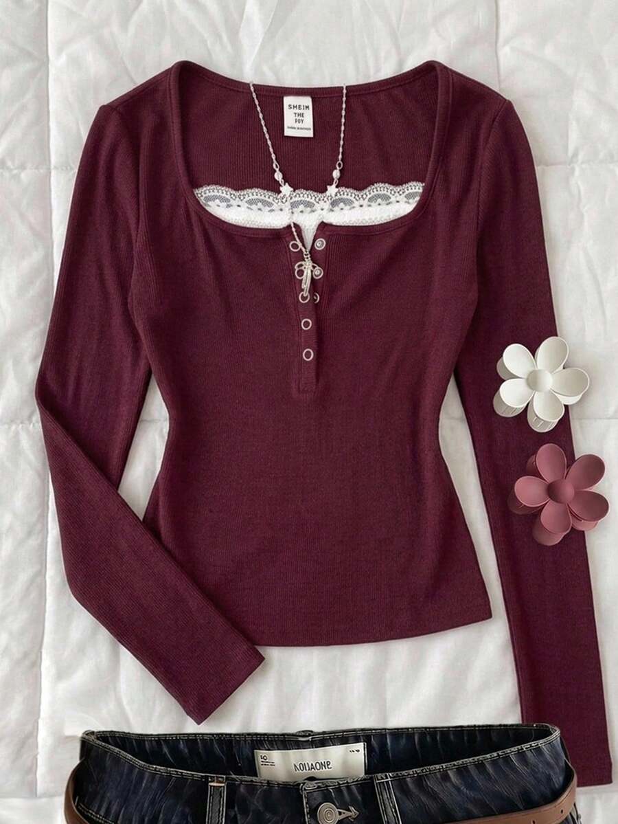 SHEIN Tween Girl Tween Girl Tween Girl Tween Girls T-Shirts Burgundy Short Sleeve T-Shirt, Y2K Retro Casual Girl Lace Trim, Ruched Bust For Everyday Style - Burgundy - View 1