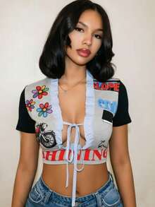 BamGleam 女款性感街頭風 2000s Y2K 綁帶汽車印花藝術字體 T-shirt，適合音樂節、演唱會、外出夜生活，灰色夏季款 - 灰色 - 查看 4