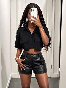BamGleam Chemise à poche col unicolore à manches courtes, été, hauts à manches courtes - Noir - Voir 5
