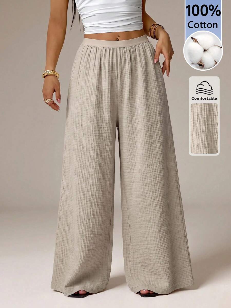 SHEIN PETITE Women's Summer Loose Textured Casual Vacation Wide Leg Pants - Apricot - View 1