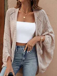 Zaforene Plus Size Women's Solid Color Casual Hollow Out Thin Cardigan, Autumn/Winter, Going Out Formal Vacation, Fall, Concert, Daily Wear Dusty Pink - Camel - View 3