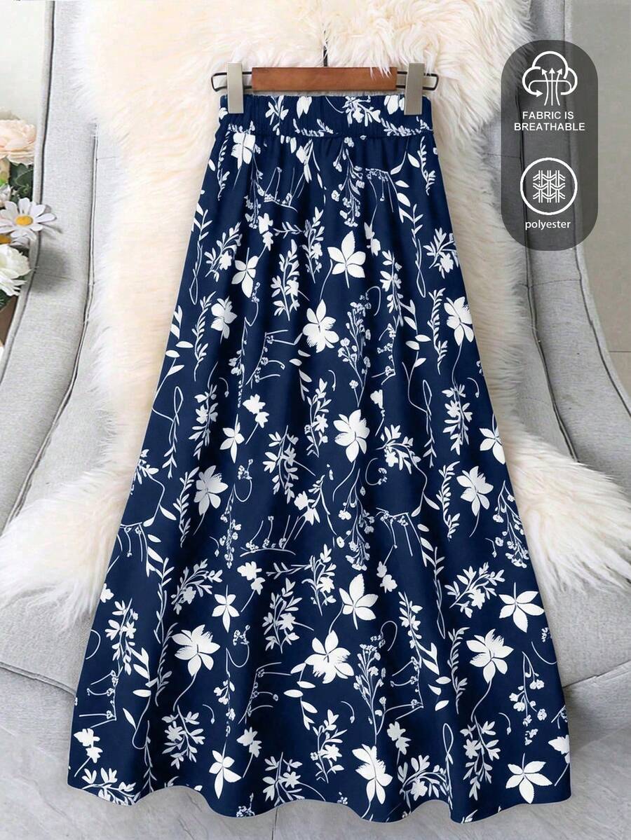 SHEIN LUNE 大码印花弹力腰休闲半身裙,夏季 - 彩色 - 查看 1