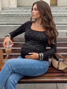 MaterniWear Maternity Fashion Versatile Polka Dot Print Ruched Long Sleeve T-Shirt Fall Social Blouse - Black - View 2