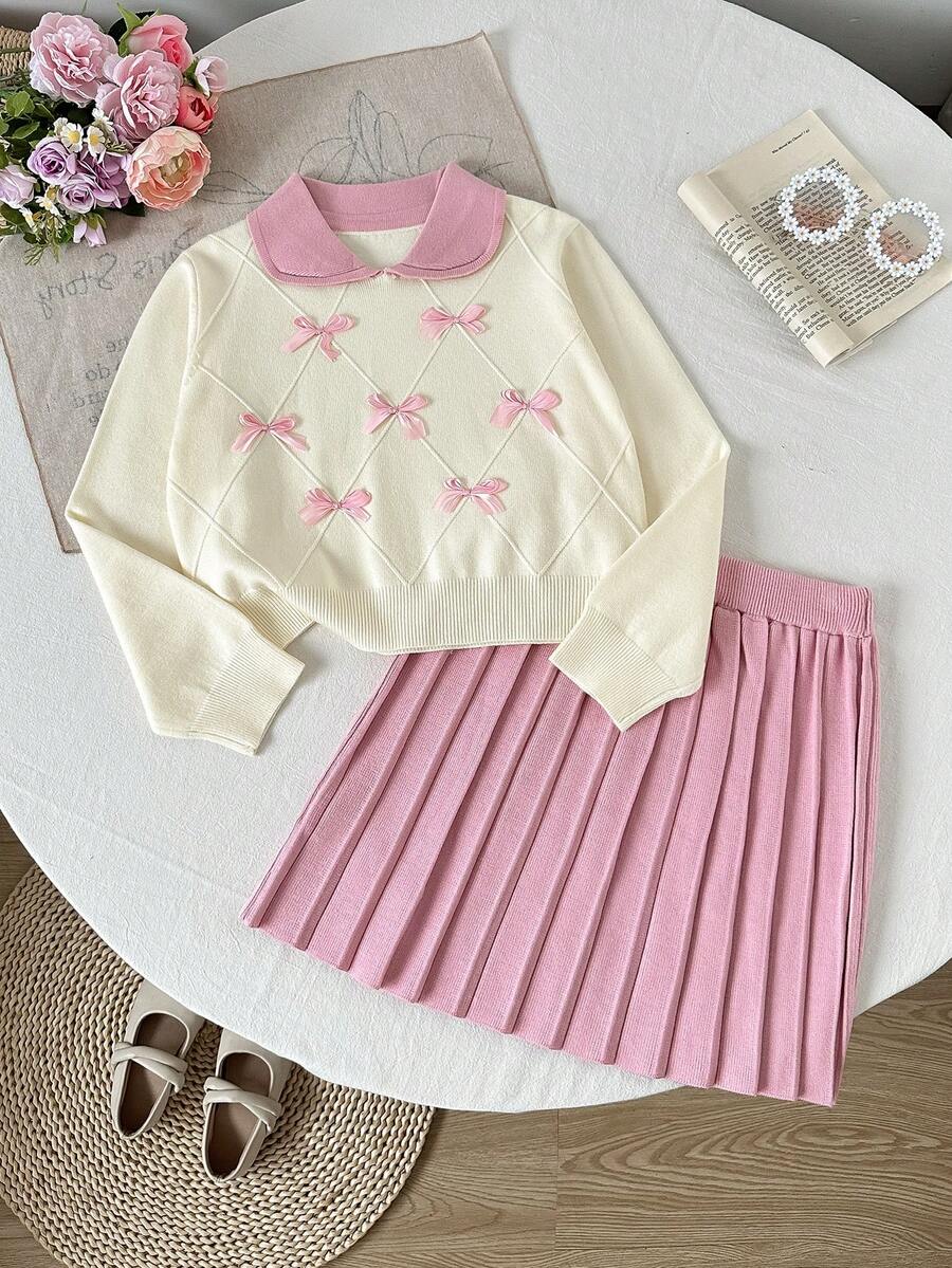 Tween Girl Sweater Set, Peter Pan Collar And Bow, Geometric Diamond Knit Pattern, Soft And Comfortable Fabric,Long Sleeve,Fall Winter Back To School - Pink - View 1