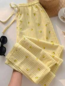 Veykashi Casual Striped Lemon Print Plus Size Straight Leg Pants Fall - Multicolor - View 1