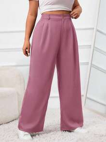 SHEIN PETITE CURVE Pantalones de traje casual simple con botones delanteros de unicolor talla grande, graduación, regreso a la escuela, - Rojo violeta - Ver 4