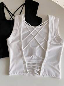 FRIFUL Women's Solid Color Criss-Cross Back Tank Top With Padded Cups Cute Tops - White - View 3