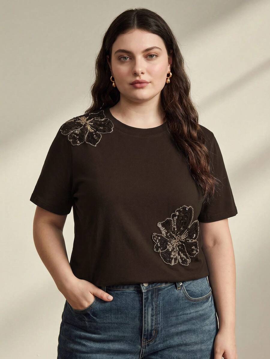 Anewsta Plus Size Women's Floral Print Casual Versatile Daily Short Sleeve T-Shirt - Coffee Brown - View 1