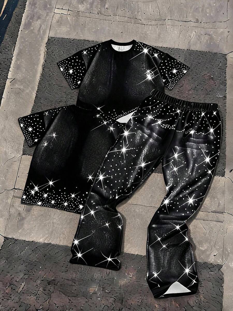 SHEIN 2件組青少年男孩休閒極簡風T恤套裝，經典酷感星星與閃亮珍珠印花，Y2K