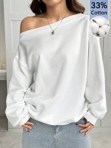 SHEIN EZwear 33%棉女款休閒衛衣，白色，寬鬆不對稱肩領，適合秋冬早秋，基礎款 - 彩色 - 查看 1