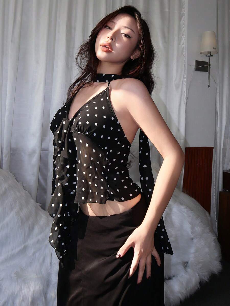 ROMWE X Isabelle Nguyen 性感 Y2K 波點雪紡滿版印花荷葉邊飾高領設計女款細肩帶背心 - 彩色 - 查看 1