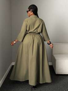 Mawevolt Plus Size Army Green Cinched Waist Double Zipper Cargo Pocket Shirt Dress, 3/4 Sleeve Collared Dress Fall - Army Green - View 5