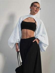 Hauture Women's Volume Balloon Sleeve High Neck Top Bold Office Wear Sexy - Blue and White - View 6