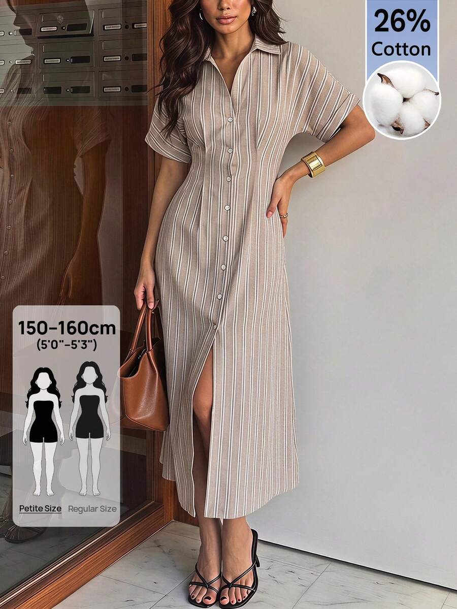 SHEIN PETITE Women's Fashionable Beige Long-Sleeve Collared Commuter Dress Teachers' Day Office Summer French Elegant - Apricot - View 1
