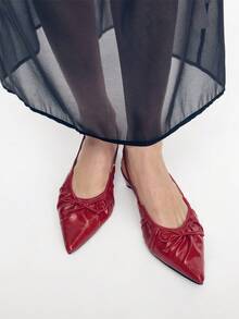 Mnmlis Elegant Pleated Bow Pointy Strap Rear Low Heel Retro French Red Shoes Commuter Dating Party Everyday Wear - Red - View 3