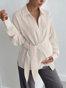 DAZY Áo sơ mi bầu tay dài dáng rộng màu trắng trơn, thiết kế cổ bẻ thắt nơ, áo blouse công sở cho mùa xuân hè thu - trắng - Xem 5