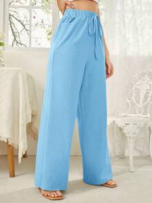 SHEIN Essnce Women's Casual Versatile Solid Color High Waist Long Pants - Mint Blue - View 3