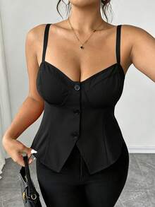 Elenzga Plus Size Elegant Casual Solid Color Spaghetti Strap Camisole, Hemline Split Button Design, Suitable For Daily Wear, Beach Vacation, Date, Party, Spring/Summer - Black - View 8