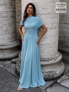 Anewsta Petite Women's Petite New Spring/Summer Elegant Vintage Ruched Fitted Draped Bodycon Waist-Cinching Long Dress For Party, Gathering, Banquet, Vacation - Blue - View 3