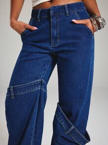 NYA SZN Denim Jean Oversized Baggy Double Leg Detail Statement Gyaru Streetwear Going Out Birthday Party Fall - Dark Wash - View 4
