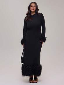 MUSERA Plus Size Black Frill Detail Long Sleeve Maxi Dress Winter Fall Going Out Womens Outfit - Black - View 1