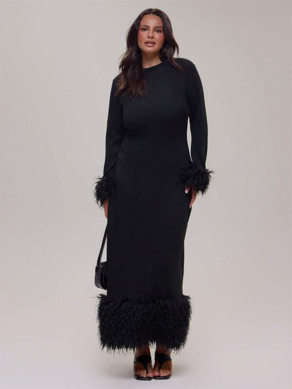 MUSERA Plus Size Black Frill Detail Long Sleeve Maxi Dress Winter Fall Going Out Womens Outfit