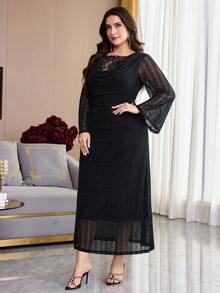 Modelyn Plus Size Women's Lace Patchwork Casual Party Dress - Black - View 7
