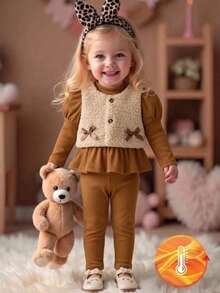 SHEIN Vintaside Kids 女嬰簡約時尚紅色純色洋裝、背心外套與長褲組合套裝 - 棕色 - 查看 5