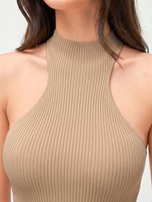 SHEIN Orluneo 纯色修身罗纹针织无袖上衣 - 駝色 - 查看 3