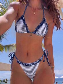 Swim Mod Women's Spring/Summer New Small Checkered Ruffle V-Neck Halter Backless Triangle Wrap String Bikini Swimwear 2 Pieces Set - Multicolor - View 1