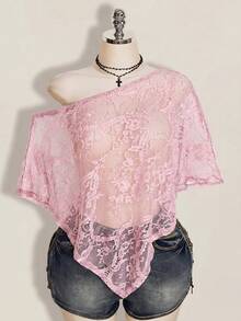 SHEIN ICON 女款大尺碼蕾絲休閒透視日常上衣 - 粉色 - 查看 2