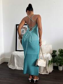 leahseptember Elegant Sexy Backless Gradient Blue Crochet Dress, Goddess Style Vacation Dress Women's Dress Bodycon Dress Long Dresses For Women High Quality Dress Luxury Dresses - Blue - View 2
