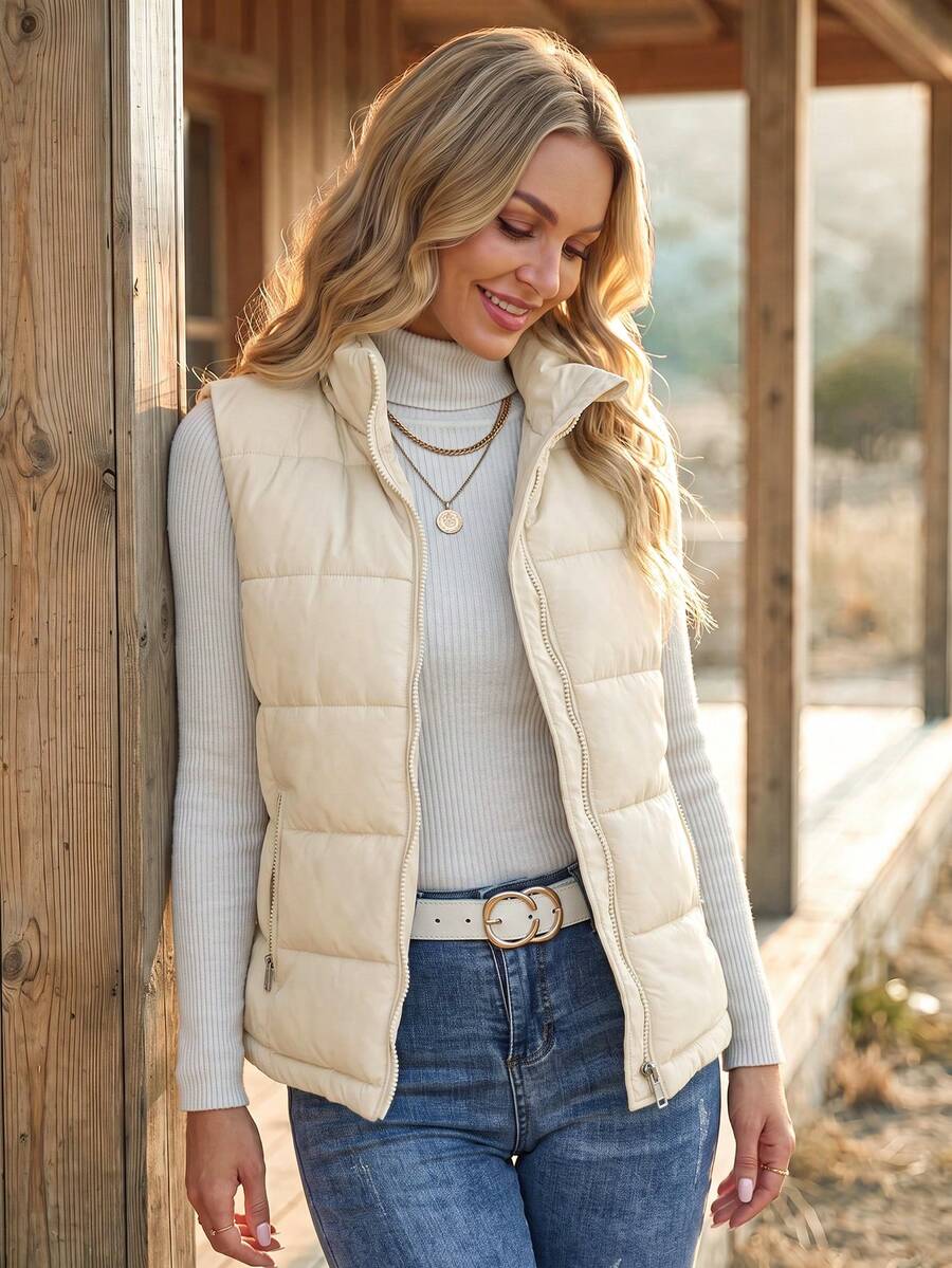 SHEIN Chaleco acolchado de mujer con cierre de cremallera en unicolor versátil y casual, sin mangas, para otoño/invierno - Albaricoque - Ver 1
