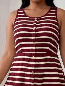 ELLERISSA Plus Size Red & White Stripe Round Neck Sleeveless Front Button Waffle Knit Mini Dress - Red and White - View 6