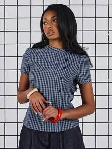 COUREZ Short Sleeve Micro Check Asymmetric Button Front Top /Y2K Spring Clothes For Women Cute Cottagecore Tops Going Out Party Outfits Summer Tops Summer Outfits - Multicolor - View 5